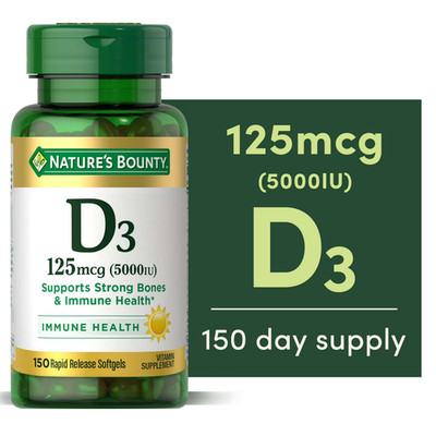 Nature's Bounty Vitamin D3 5000 IU Softgels, Rapid Release, Immune 150 Count
