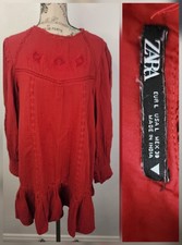 ZARA Dress Womens Sz L Embridered Red Burgundy Shapeless Long Sleeves Office 