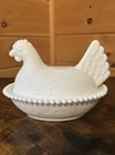 VTG Indiana Glass Hen on Nest HON White Milk Glass Chicken Candy Dish 7” Beaded