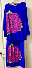 Diane Gilman Sm Vintage 100% Silk Sequin Floral Set W/ Blouse & Pants Blue Pink