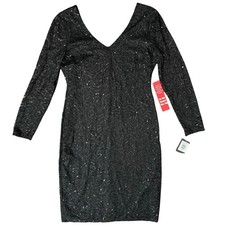 Marina Black Sequin Sheer Long Sleeve V-Neck Low Back Dress size 14 NEW Tags