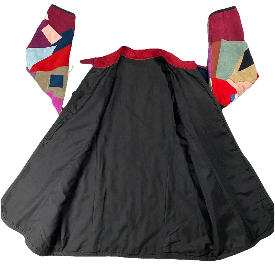 Chaqueta de gamuza sintética retazos frente abierto forrada geométrica colorida para mujer L/XL arte Foto 4 de 4