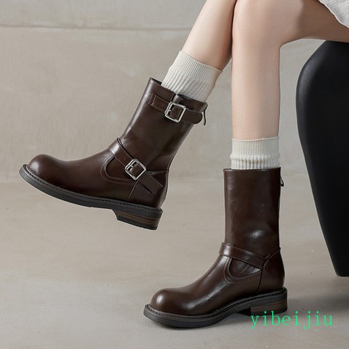 Women's Ankle Boots Motorcycle Mid Calf Riding Shoes Leather Casual Fall Winter - Picture 19 of 23