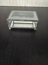 Etched Brass/ Glass Trinket Box Footed  Beveled Glass Hinged Lid  6x3.5"