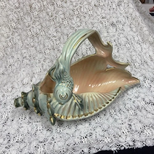 Hull Art Deco Shell Planter E-11 Pink Green Gold Ceramic Nautical Vintage