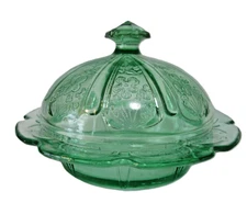 VINTAGE GREEN GLASS Cherry Blossom Pattern COVERED BUTTER DISH