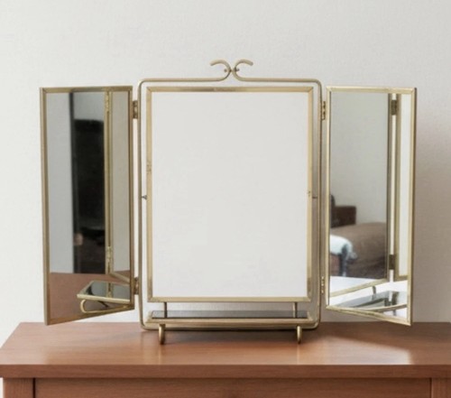 VTG 1950’s Trifold Vanity Mirror Gold Black Tray MCM Hollywood Regency Triptych