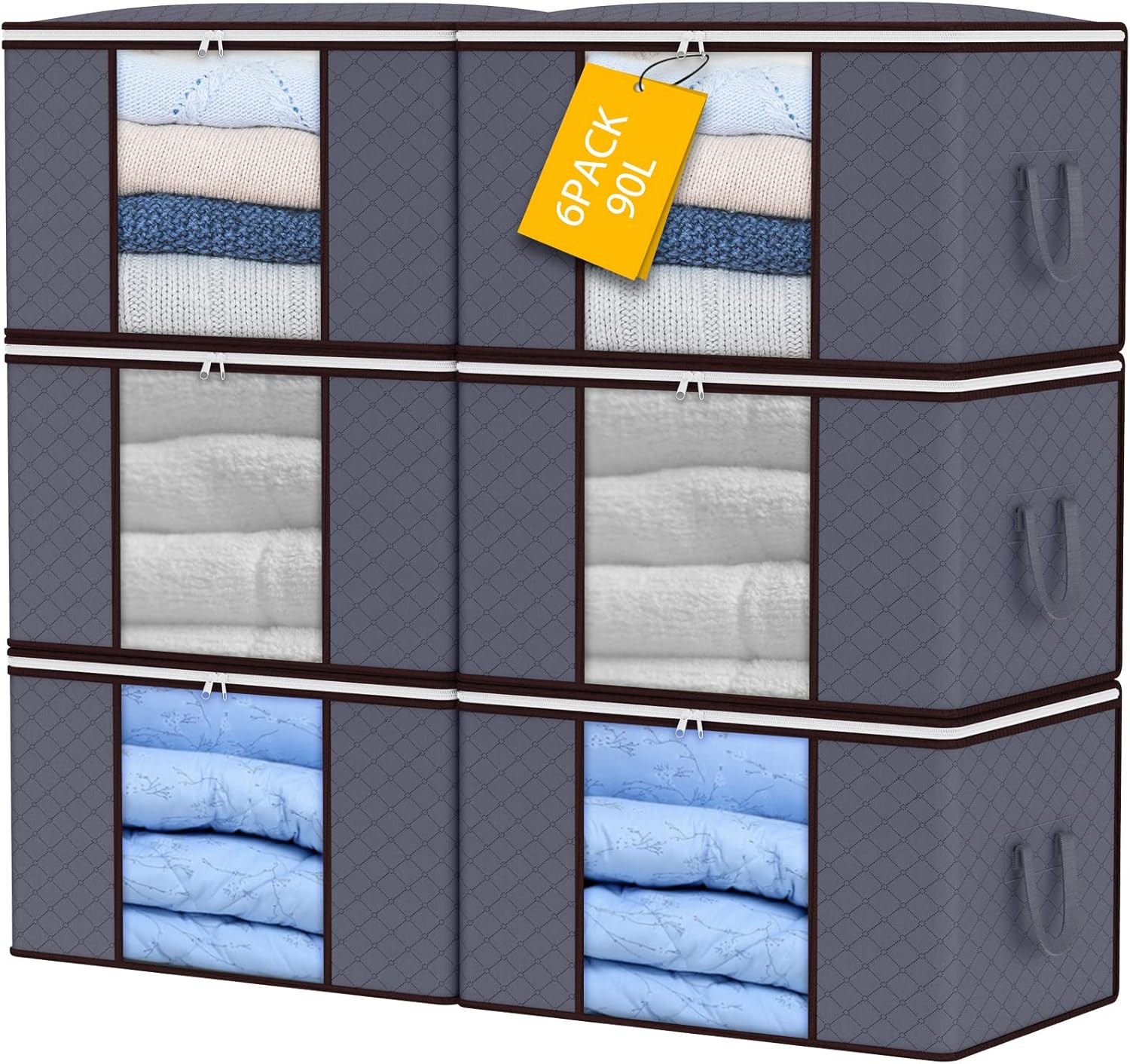 90L Storage Bags, 6Pack Large Capacity Clothes Storage Bags with Zips, Foldable