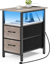 Nightstand with Charging Station and LED Lights, Narrow Side Table, LED Night