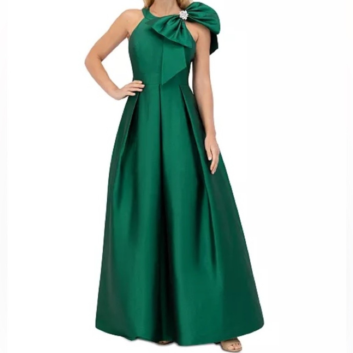 Eliza J Petite Bow-Trim Halter Ball Gown Emerald Women's Sz 8P NWT