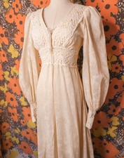 Vintage 70s Gunne Sax Prairie Corset Wedding Gown Sheer Paisley Crochet Lace XS
