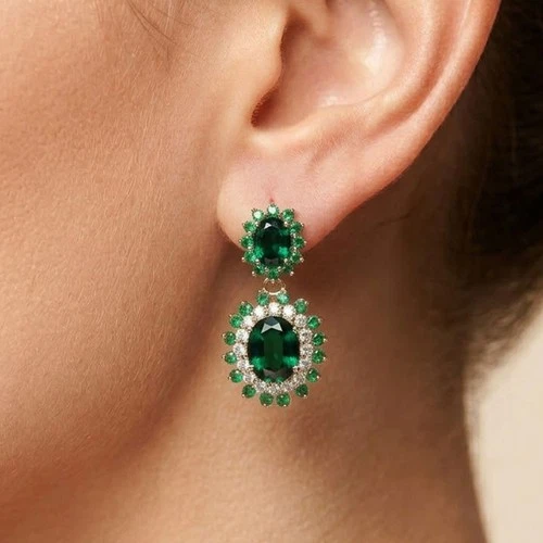 Splendid Vivid Green Emerald Oval 7.35Ct 925 Sterling Silver Rose Gold Earrings