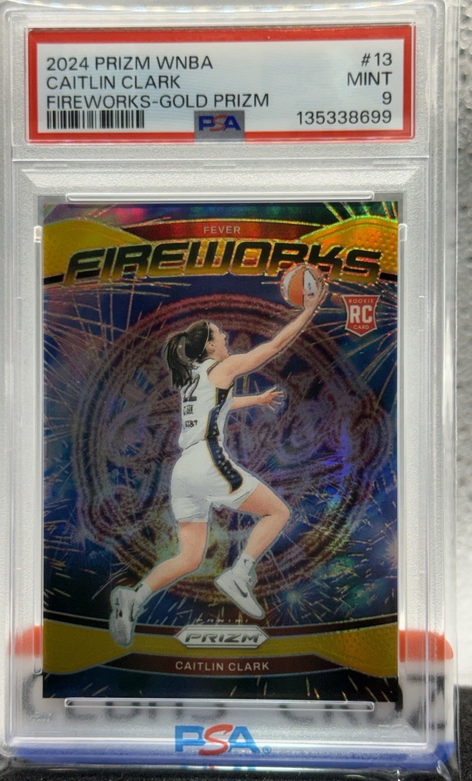 2024 CAITLIN CLARK PRIZM WNBA FIREWORKS GOLD PRIZM RC 06/10 PSA 9 MINT