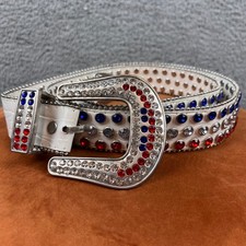 White Rhinestone Belt Red Blue Silver Studded Buckle Western Style Size 38