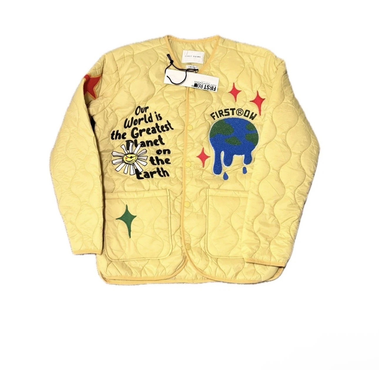 NWT Unisex SMALL First Row Quilted Jacket Yellow Melting Earth Graphic Bomber - product detail image 4