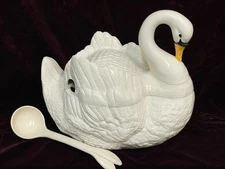 RARE Large Ceramic Swan Soup Tureen+Ladle Unique for Holiday Entertaining