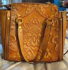 Vintage Floral Tooled Leather Satchel Crossbody Bag Boho Western Honey Tan 9x9"