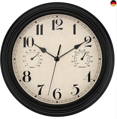 Wanduhr Outdoor Wetterfest Gartenuhr Uhr für Draußen Wetterfest mit Thermometer