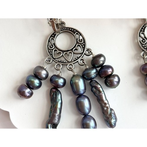 Natural Tahitian Pearl Heart Chandelier Vintage Silver T Clip On Style Earrings - Imagen 6 de 10