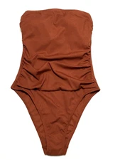 Shade & Shore S (4-6) Brown Ribbed Removable Strap Strapless One-Piece Swimsuit