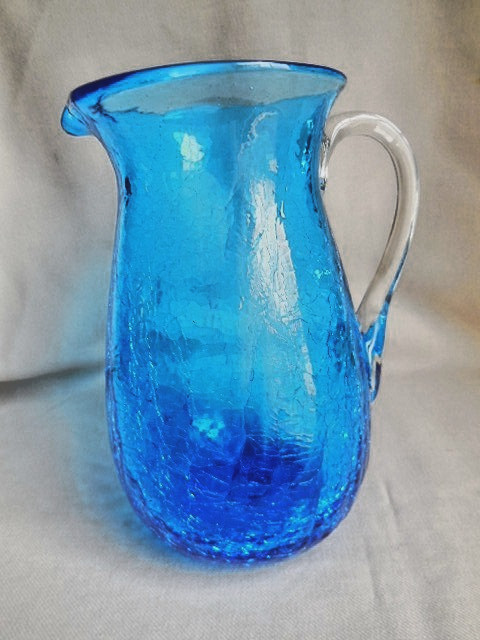 Blue Blown  Crackle Glass Pitcher 7" Clear Handle  Excellent Cond.