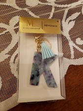 MODERN EXPRESSIONS MONOGRAM K KEYCHAIN. NEW. TEAL GOLD W/ POM POM TASSELS
