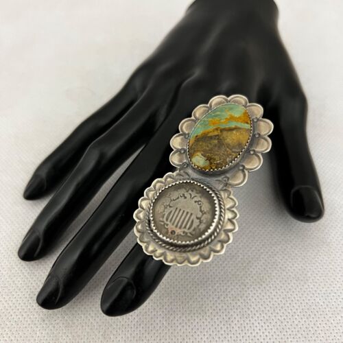Native American Sterling Silver Turquoise Ring w/1868 Shield Nickel - Picture 1 of 3