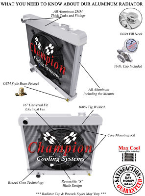 Atomic 2 Row 1'' Tubes All Aluminum Radiator W/ 16'' Fan for 1961 - 1965 Cadillac