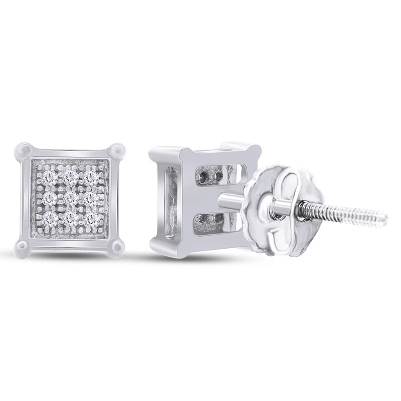 Round Real Diamond Men Ladies Stud Earring Sterling Silver 925 Screw On Back - Image 3 of 4