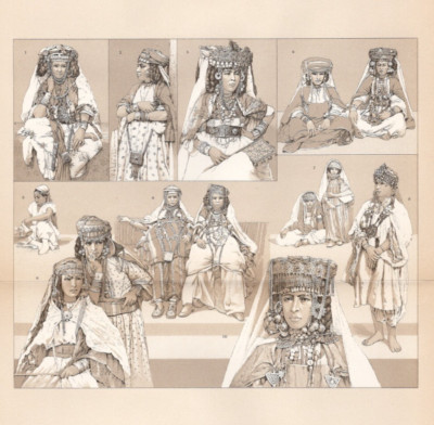 AFRICAN JEWELRY - Berber Women Headdresses & Coins 1888 Antique Chromolithograph