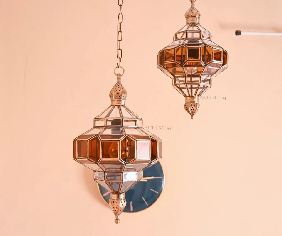 Handmade Moroccan Pendant Light : Glass & Brass Filigree Suspension Lamp - Image 2 of 4