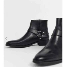 New Black Leather Formal Side Zipper Ankle Round Harness Dress Boots For Mens
