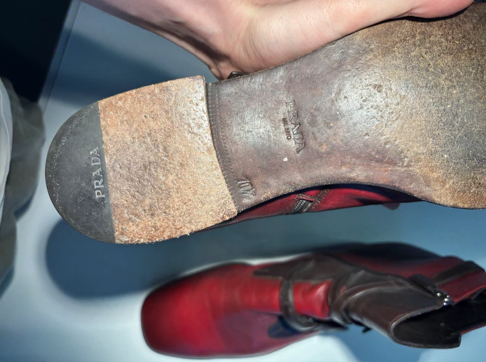 Prada Boots Brown Two Tone Buckles Flat Ankle Moto Riding (44.5 eu 10.5 us) - Imagen 4 de 4