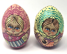 Russian Folk Art Wooden Eggs Hand Painted Vtg Woman Music Signed 1994 Pair of 2