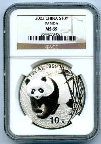 2002 1 OZ SILVER CHINA PANDA 10 YN NGC MS69 PROOF LIKE .999 FINE S10Y CHINESE