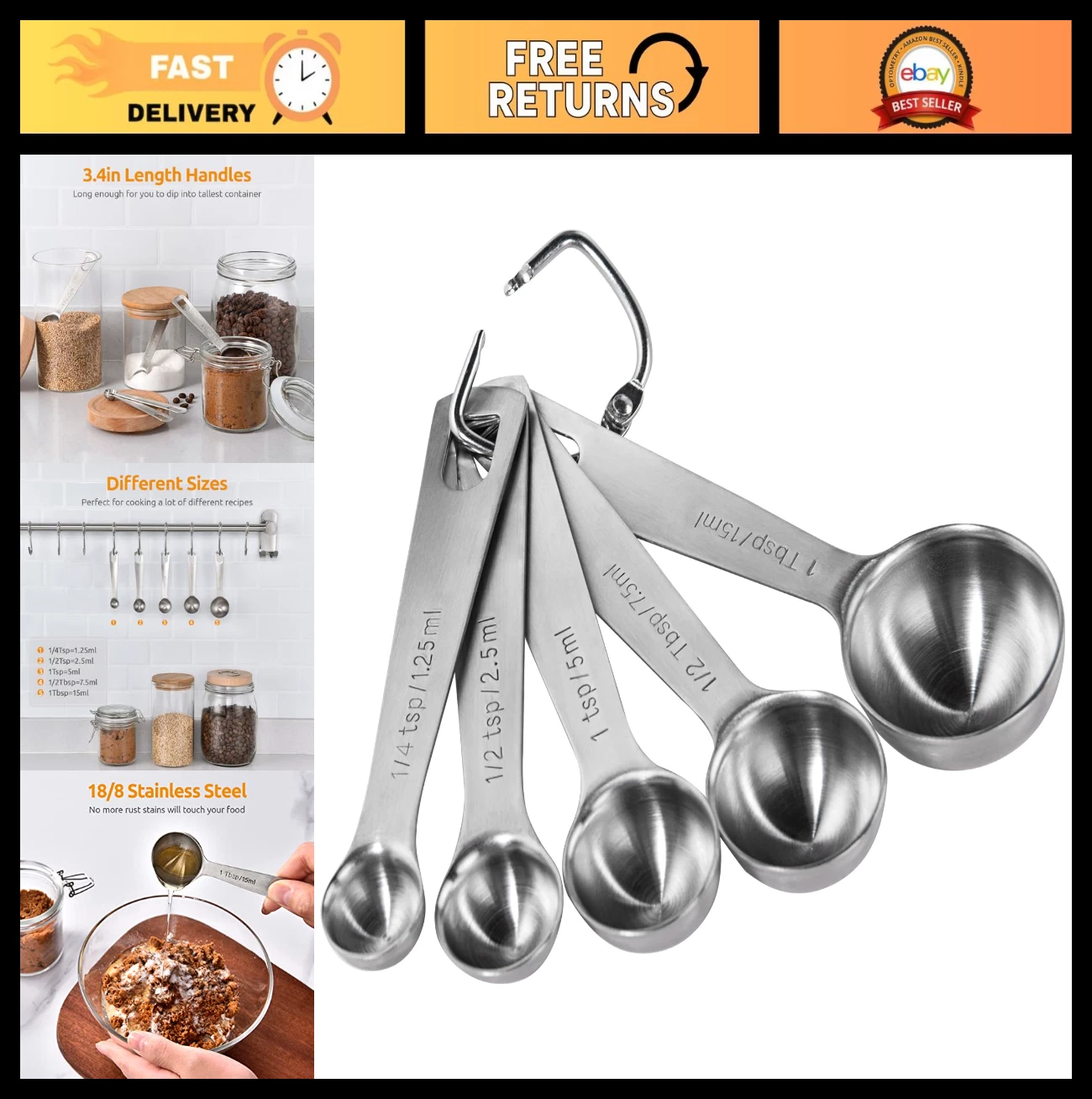 Stainless Steel Measuring Spoons Set of 5 - 1/4 TSP, 1/2 TSP, 1 TSP, 1/2 TBSP, 1