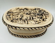 Signed Vintage Oval Ceramic Covered Wagon Trinket Dish with Lid, Beige, 6.5"