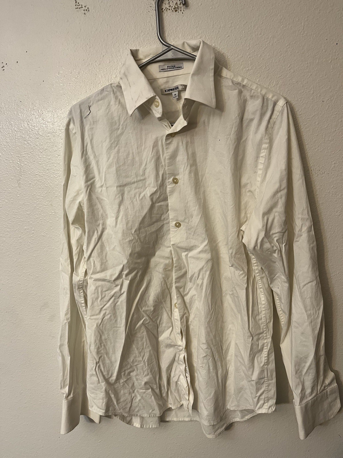 Express 1MX Fitted Solid Button Shirt White Dress… - image 1