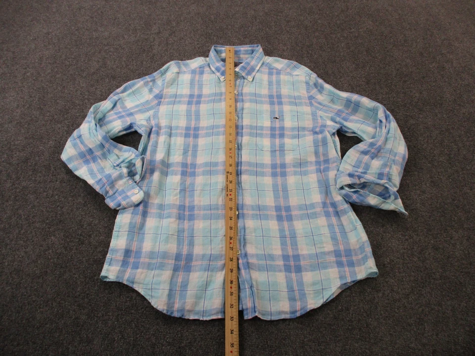 Vineyard Vines Shirt Men L Blue Plaid Linen Tucker Classic Fit Business Preppy - Image 3 of 4