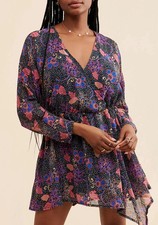 Free People Women's Teegan Mini Dress Size XS Twiligh Combo Floral Wrap Tie