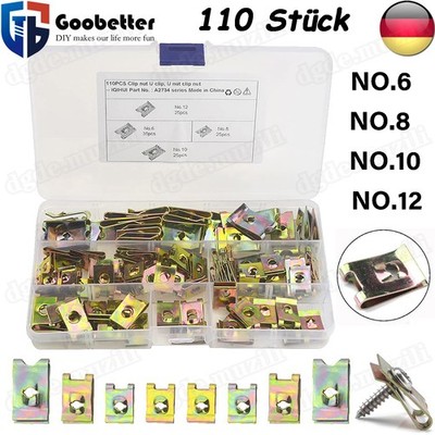 110 Stück Blechmuttern Schnappmutter Sortiment Set U-Clips Gewinde Clip Mutter