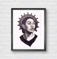 Original 11 x 14 Ball Point Pen Portrait of Indonesian Woman