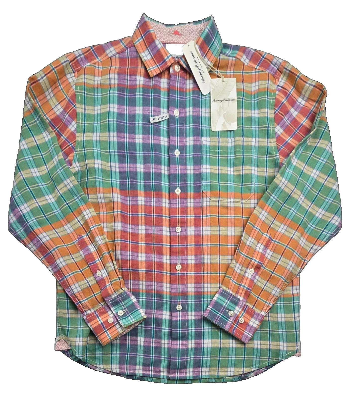 Tommy Bahama Barbados Breeze Stretch Linen Shirt Mens Large Peach Melt Plaid