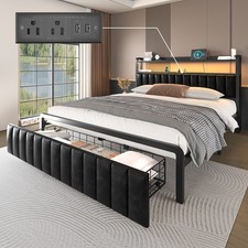 Full/Queen Metal Bed Frame with Storage Charging Headboard and Drawers LED