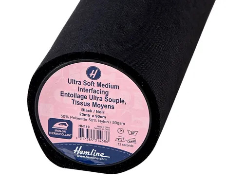Hemline Ultra-Soft Interfacing Medium: Iron-on: 25m x 90cm: Black