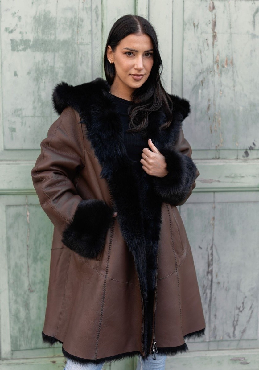 Damen Toscana Lammfelljacke Leona Schokobraun Wintermantel mit