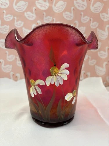 Fenton Anniversary Hand-painted Ruby Red Glass Vase  Vintage Second Quality F