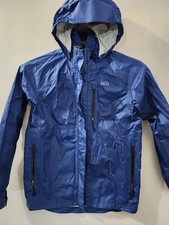 REI Jacket Boys M Blue Rain Shell Zip Hoodie Windbreaker Outdoor High Neck Pkts
