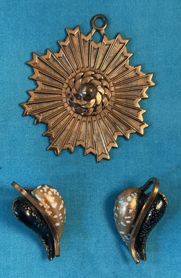 VTG COPPER Heraldic Starburst Pendant Necklace + MATISSE RENOIR Clip EARRINGS