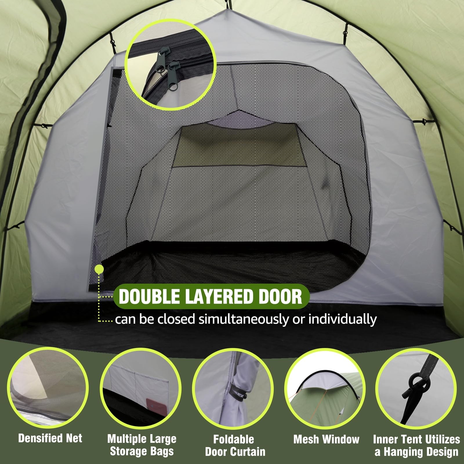 Camping Tents Tunnel Tent 4 Person Family Tents with 2 Doors Extra Large Weat...